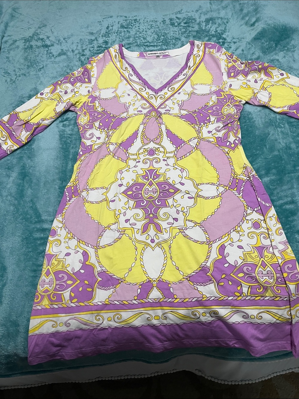 Barbara Gerwit Vibrant Yellow & Lavender Patterned V-Neck Dress